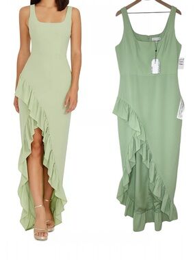 Dress the Population Charlene Dress Sage Green Ruffle Gown size XL NWT